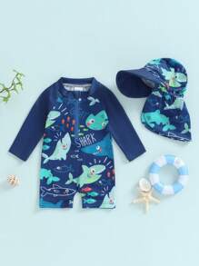 Traje de baño para niño pequeño con gorro, 2 piezas, estampado de tiburón y pez, con cremallera, manga larga, cuello redondo, bañadores para bebé niño - Azul - Ver 4