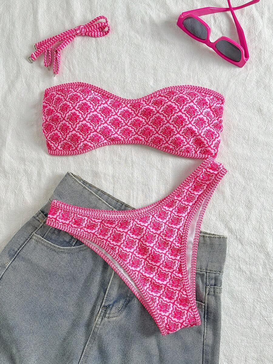 Bộ bikini quây 2 mảnh in hoa màu hồng với dây đeo có thể tháo rời, thích hợp cho kỳ nghỉ trên đảo, chụp ảnh và mặc đi biển mùa hè. - Nhiều màu - Xem 1