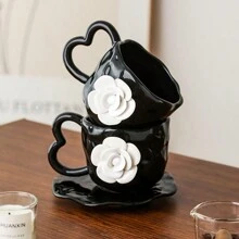1 件优雅欧式手工 3D 白色和黑色玫瑰陶瓷咖啡杯碟套装 - 彩色 - 查看 8