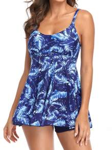 Women 2Pcs Swimwear, Leaf/Flower Print Scoop Neck Padded Tank Tops + Swim Shorts Swimsuit - Blue - View 1