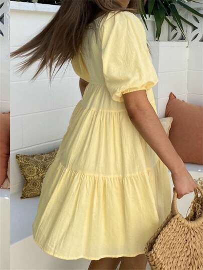 Women Maternity Summer Dress Casual Solid Color Puff Sleeves V-Neck A-Line Dress For Photoshoot Pregnancy Clothes