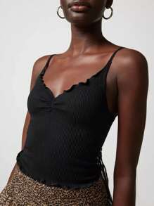 Women's Ribbed Crop Cami Tops Sleeveless Spaghetti Strap Lettuce Trim Camisole Ruched Tank Tops - Black - View 4