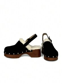 Neue Velourslederimitat Holzfersen Plateausandalen für Damen, stilvolle Sommer Sandalen für Frauen - Schwarz - Übersicht 4