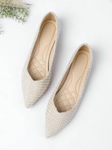 Women's New Pointed Toe Soft Sole Slip-On Casual Comfortable Fashion Woven Apricot Color Flats, Suitable For Commuting And Work All Year Round