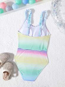 Girls Rainbow Striped Hollow-Out One-Piece Swimsuit