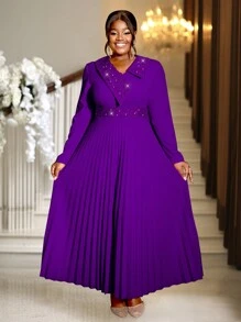 加大码春季紫色复活节长褶女式不对称亮片领高腰场合生日华丽连衣裙，适合节日派对、婚礼宾客礼服、舞会礼服