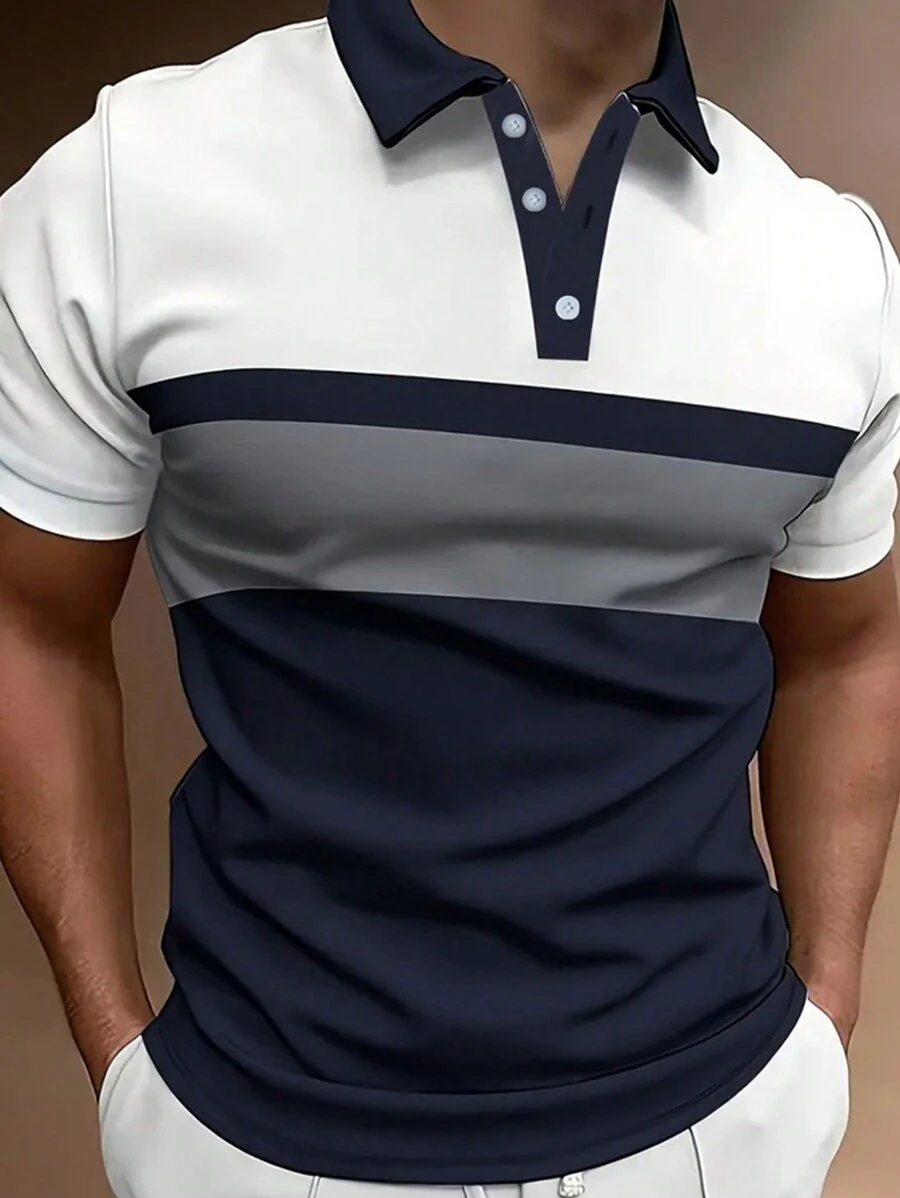 Men's Casual Colorblock Stripe Pattern Polo Shirt, Suitable For Commuting - Multicolor - View 1