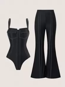 Fashion Women One-Piece Swimwear With Cover-Up Pants, For Summer Beach Vacation