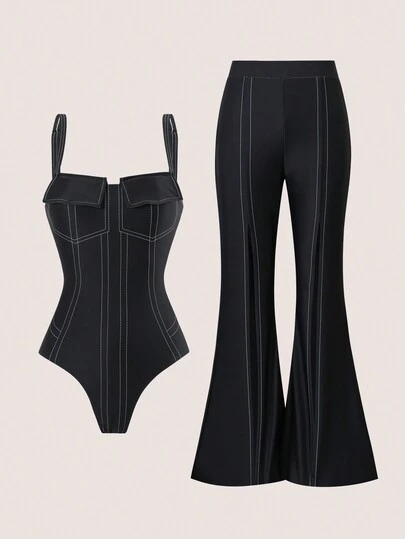 时尚女士连体泳衣，带罩衫裤，适合夏季海滩度假