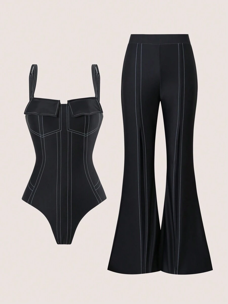 Fashion Women One-Piece Swimwear With Cover-Up Pants, For Summer Beach Vacation