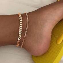 2 Pcs/Set Summer Boho Style Double-Layer Gold Color Anklet, Simple Fashion Decorative Vintage Anklet Suitable For Women Casual Wear