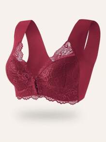 Women's Front Button Wireless Lace Seamless Bra, Comfortable Lounge Seamless Bra Provides Lift & Support Without Digging In - Burgundy - View 7