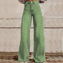 Women Y2K Striped Jeans High Waist Button Wide Leg Casual Denim Pants Bootcut Flare Boyfriend Trousers With Pockets Streetwear - màu xanh lá - Xem 1