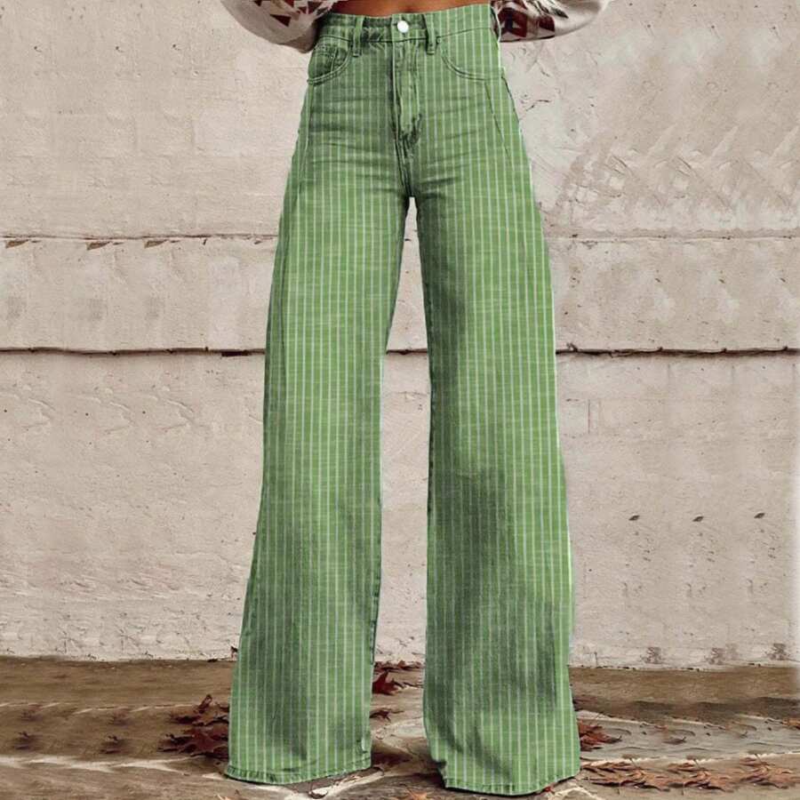 Women Y2K Striped Jeans High Waist Button Wide Leg Casual Denim Pants Bootcut Flare Boyfriend Trousers With Pockets Streetwear - màu xanh lá - Xem 1