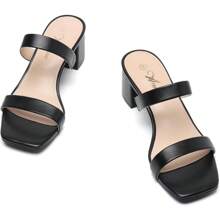 Athlefit Stylish Women's Two Strap Open Toe Heels Sandals Chunky Block Comfortable Slip On Low Heel Dress Shoes - màu đen - Xem 5