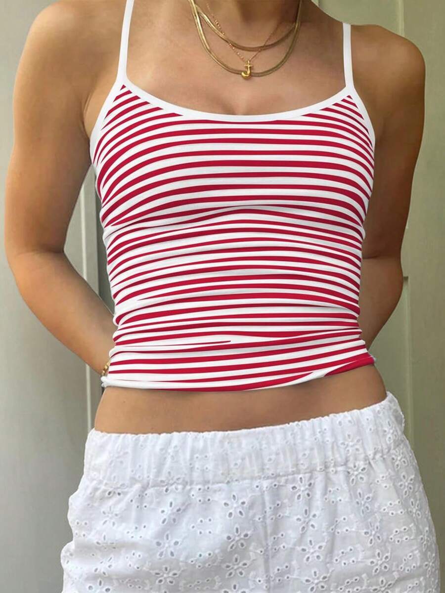 Women's Cropped Cami Tops Sleeveless Open Back Slim Fit Solid Color/Stripe Print Tank Tops - 紅色 - 查看 1