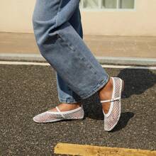 Rihero Stylish Mesh Ballet Flats For Women Comfortable Square Toe Ballerina Flats Buckle Strap Casual Fishnet Flat Shoes - trắng - Xem 6