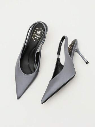 秋冬新款女士尖头高跟鞋，时尚简约深灰色套脚浅口鞋，细跟办公及婚礼鞋，优雅