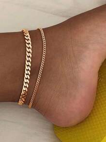 2 Pcs/Set Summer Boho Style Double-Layer Gold Color Anklet, Simple Fashion Decorative Vintage Anklet Suitable For Women Casual Wear