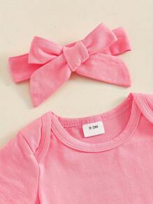 Conjunto de Pascua para bebé niña, mono de manga larga, mono con tirantes de conejito 3D, falda con diadema - Rosa - Ver 4
