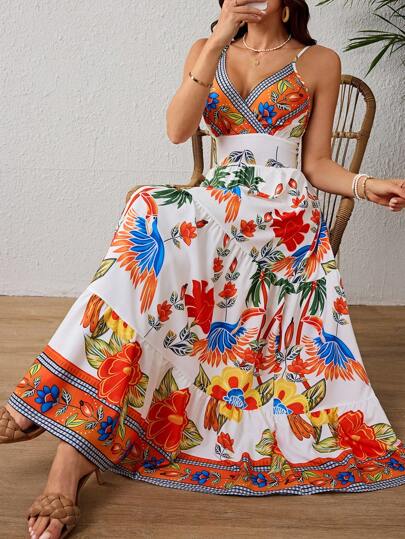 Vestido De Mujer Con Estampado Retro,Vestido Largo Con Tirantes,Vestido Con Escote En V Profundo