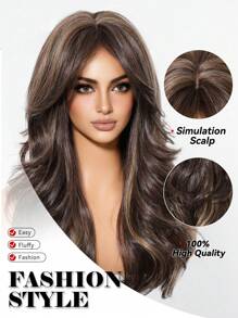 24 Inch Long Wavy Wigs With Bangs Dark Roots Brown Wigs For Women Brown Ombre Hair With Blonde Wigs,Heat-Resistant Synthetic Wigs For Daily Party Cosplay Wigs - 挑染棕色 - 查看 7