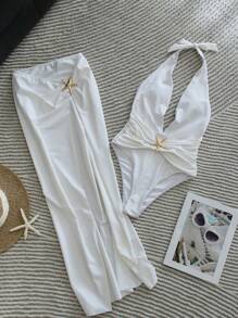 海星图案连体泳衣，高开衩罩裙，优雅设计，适合夏季海滩度假，白色 - 白色 - 查看 11