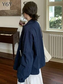 Y6Y 休闲简约立领拉链短夹克外套，女士时尚百搭修身上衣外套，适合秋冬季 - 藏藍色 - 查看 2