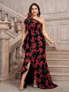 Plus Size One-Shoulder Jacquard Maxi Prom Dress, Party Dress, Wedding Guest Dress