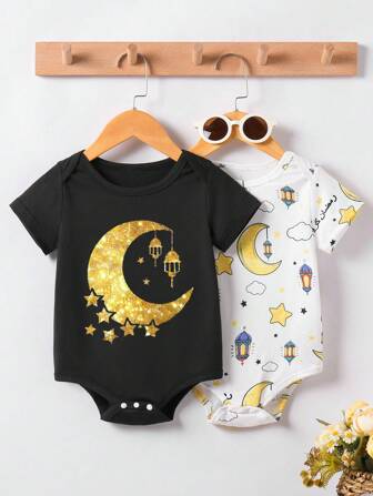 2件套男婴夏季休闲可爱月亮星星云朵印花短袖连体衣，假日风格
