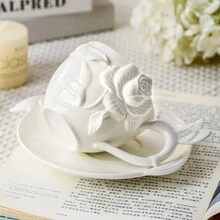 1 件优雅欧式手工 3D 白色和黑色玫瑰陶瓷咖啡杯碟套装 - 彩色 - 查看 4