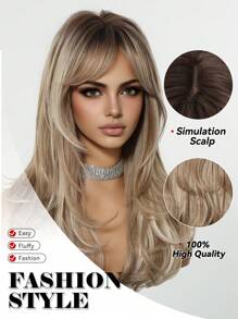 24 Inch Long Wavy Wigs With Bangs Dark Roots Brown Wigs For Women Brown Ombre Hair With Blonde Wigs,Heat-Resistant Synthetic Wigs For Daily Party Cosplay Wigs(Pay Attention To How You Wear And Care For It,Due To Lighting And Angle During Photography, The Actual Product May Have Slight Color Differences Compared To The Images.)