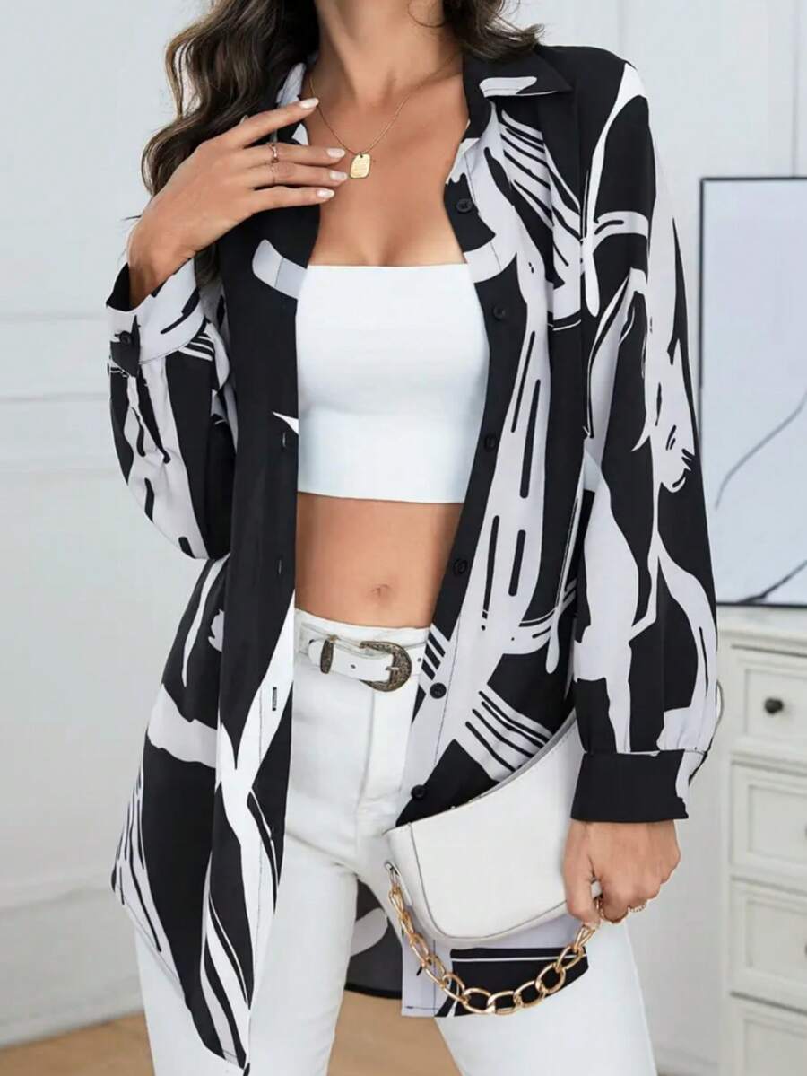 Bluse eleganti e casual da donna, camicie a maniche lunghe con stampa floreale, top allentati con collo sexy, maglie di moda - nero - Visualizzare 1