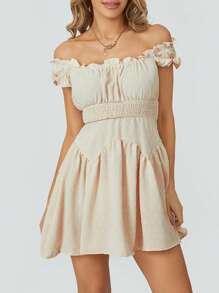 Women Flowy Pirate Dress Fairy Short Sleeve Y2k Off Shoulder Ruffle Corset Mini Dresses - 杏色 - 查看 4