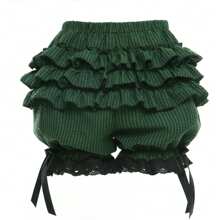 Womens Lolita Bloomers Ruffles Pumpkin Pants Bottom Shorts Lace Trim Layered High Waist Shorts Pettipants - 綠色 - 查看 3