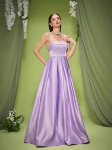 Mgiacy,New Arrival,Tube Top,Bow, Elegant Bridesmaid Dress,Ruched,Romantic,Long Dress - Mauve Purple - View 5