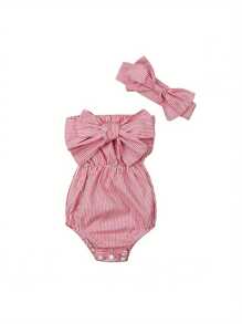 Vintaside Kids 2 piezas/set Enterizo rayado elegante y adorable con moño y diadema para fiesta de verano de niñas bebés - Rosa - Ver 1