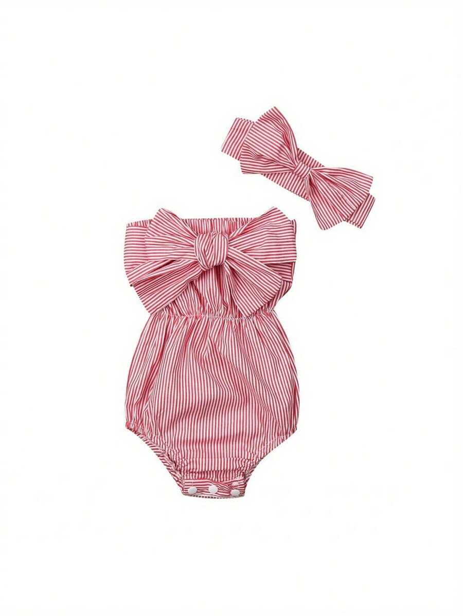 Vintaside Kids 2 piezas/set Enterizo rayado elegante y adorable con moño y diadema para fiesta de verano de niñas bebés - Rosa - Ver 1
