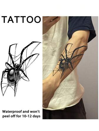1 Pieza Tatuajes temporales de araña, resistentes al agua y al sudor, duran de 1 a 2 semanas, con jugo herbal realista, antifricción, sin reflejo, falsos tatuajes negros para mujeres y hombres, pegatinas de tatuaje para brazos, pecho, piernas, abdomen, cintura, arte corporal modernista