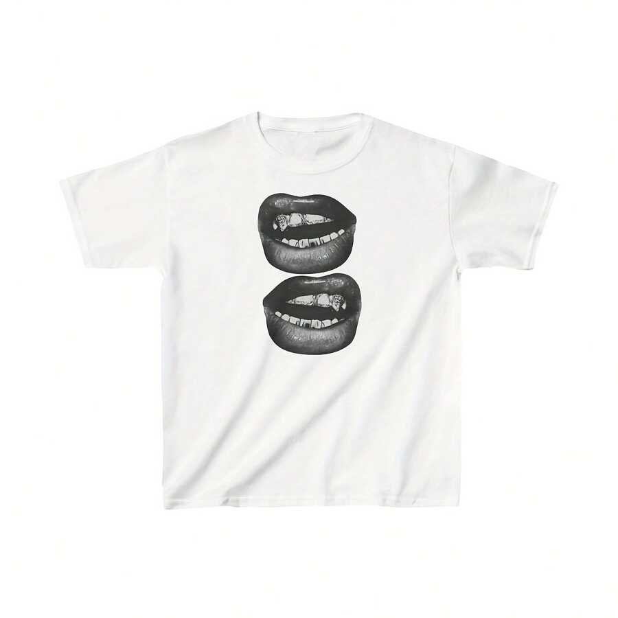 Grillz Graphic Baby Tee  Black And White Grillz Tshirt  Gold Grillz Baby Tee  Gold Teeth Tshirt  Black Mouth Print Tshirt  Grillz Teeth - White - View 1