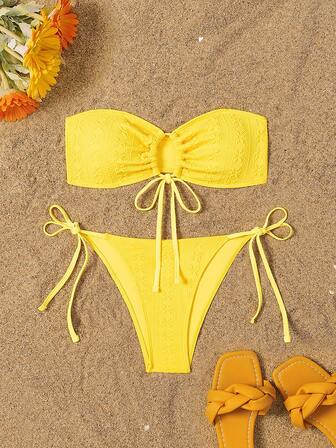 2pcs/Set Women Solid Bubble Textured Bandeau Strappy Bikini Set Swimsuits And Swimming Trunks, Summer Beach Vacation