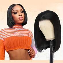 短款鲍勃假发 真人发直发 10-12 英寸 180 密度 13x4 蕾丝前假发 女士真人发鲍勃假发 无胶鲍勃黑色假发 - 黑色 - 查看 3