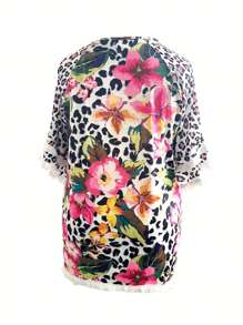Fox Claw Plus Size Women's Casual Round Neck Half Sleeved Contrasting Pleated Lace Loose T-Shirt - 粉色 - 查看 2