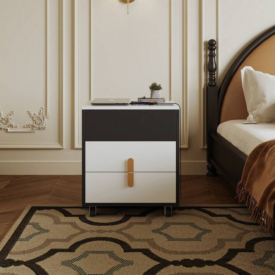 Bedside Table, With USB Charging Interface, Including Lifting Table, Movable Pulley Design, Bedroom Bedside Table, Cabinet In The Living Room, With Two Drawers, Black + White