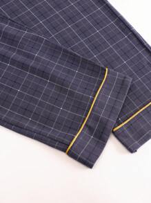 [PONX]2pcs/Set Men Open Front Short Sleeve Pajamas Top And Long Pants, Breathable Moisture-Wicking Home Suit - Navy Blue - View 9