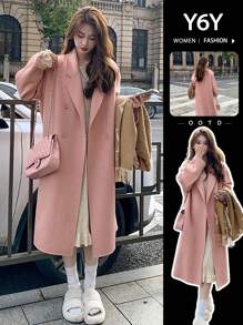 [Y6Y] 女士粉色长袖翻领双排扣大衣，常规版型，保暖带口袋，适合冬季穿着 - 粉色 - 查看 2