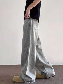 Men's Streetwear Loose Fit Light Grey Jeans - Light Grey - View 5