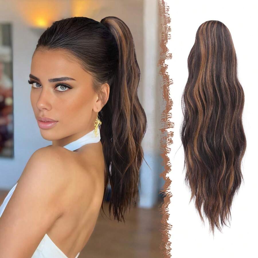 FESHFEN Ponytail Extensions, Long Claw Clip In Ponytail Hairpiece Synthetic Pony Tails Hair Piece Natural Wavy Hairpieces For Women, 20 Inch - Nâu sẫm & Vàng caramel - Xem 1