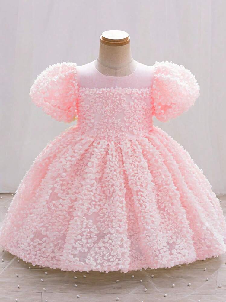 فستان بناتي وردي بزخارف زهرية ثلاثية الأبعاد، أنيق وجميل، مناسب لحفلات عيد الميلاد والزفاف والعروض المسرحية وغيرها من المناسبات - وردي - مشاهدة 2