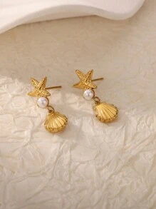 1 对精美贝壳海星耳钉女式仿珍珠镀金耳环不锈钢珠宝派对配饰情人节礼物 2025 新品 - 金黃色 - 查看 3